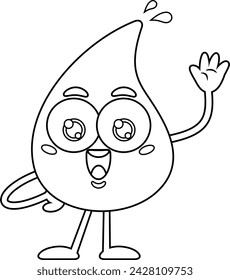 Outlined Happy Water Drop Cartoon Character Waving For Greeting. Vector Hand Drawn Illustration Isolated On Transparent Background