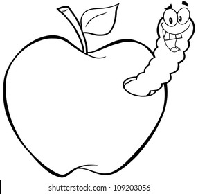 Outlined Happy Worm In Apple