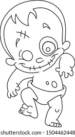 Outlined happy zombie baby. Vector line art illustration coloring page.