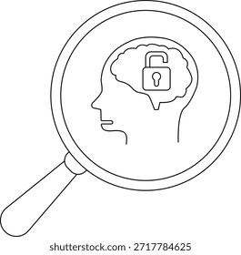 Cabeza delineada con cerebro y candado desbloqueado en el interior visto bajo lupa