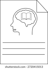 Cabeza perfilada con el libro abierto en el cerebro en las líneas de la hoja con la esquina superior doblada
