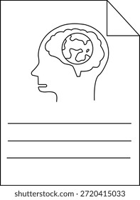Perfil de la cabeza delineado con un cerebro que abarca un gráfico circular de la Tierra en una hoja de papel forrada