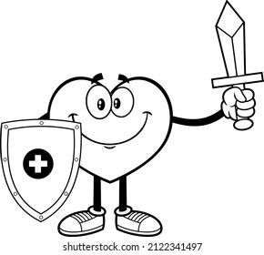 Outlined Healthy Heart Cartoon Character Holding Up A Sword And Shield  Vector Hand Drawn Illustration Isolated On White Background