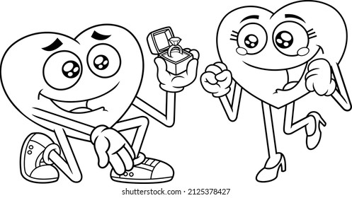 Outlined Heart Boyfriend Giving Engagement Diamond Ring To His Heart Girlfriend For Marriage Proposal. Vector Hand Drawn Illustration Isolated On White Background
