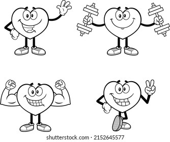 Outlined Heart Cartoon Character Series. Vector Collection Set Isolated On White Background