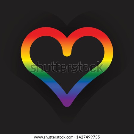 Outlined heart on black background with 6 official LGBT rainbow colors. Modern print for gay pride poster, wallpaper, sticker template. Colorful postcard. Simple flat design. Symbol of love, happines.