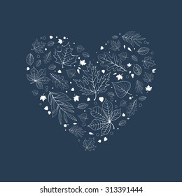 Outlined heart shaped autumn leaves design white on colorful background