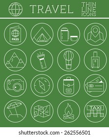 Outlined Holidays and Travels Icon Set Collection. Thin Line design. Camping and travel symbols and elements. Vector illustration