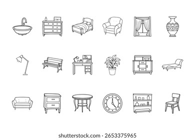 Outlined home interior furniture icons including sink dresser bed armchair window vase lamp bench desk plant
