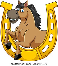 Outlined Horse Cartoon Mascot Character In A Horseshoe. Vector Hand Drawn Illustration Isolated On Transparent Background