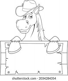Outlined Horse Cartoon Mascot Character With Cowboy Hat Over A Blank Wooden Sign Board. Vector Hand Drawn Illustration Isolated On Transparent Background