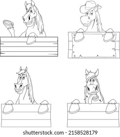 Outlined Horse Cartoon Mascot Characters Over A Blank Sign Board. Vector Collection Set Isolated On White Background