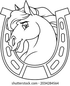 Outlined Horse Head Cartoon Mascot Character In A Horseshoe. Vector Hand Drawn Illustration Isolated On Transparent Background