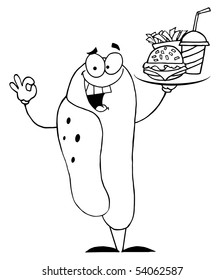 Outlined Hot Dog Character Holding Fast Food On A Tray