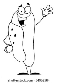 Outlined Hot Dog Character Waving