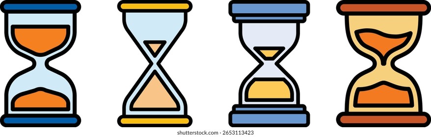 Outlined hourglass icon set with distinct styles and varied sand positions, suitable for web UI, apps, and presentation infographics