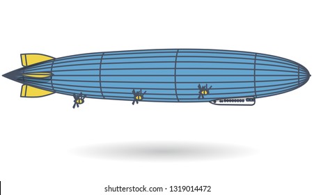 Outlined huge zeppelin airship filled with hydrogen. Blue yellow stylized flying balloon. Big dirigible, propellers and rudder. Long zeppelin, white background, airship. Isolated vector illustration