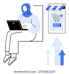 Outlined human sitting with a laptop, shopping cart notification on a mobile screen with a blue BUY button and growth arrows Ideal for e-commerce, online shopping, digital marketing, technology