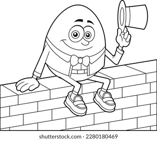 Outlined Humpty Dumpty Egg Cartoon Character Sitting On Wall Waving Hat. Vector Hand Drawn Illustration Isolated On Transparent Background