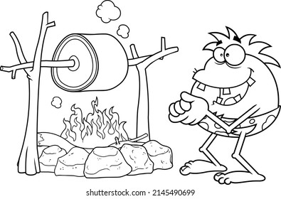 Outlined Hungry Caveman Cartoon Character Cooking Meat. Vector Hand Drawn Illustration Isolated On White Background