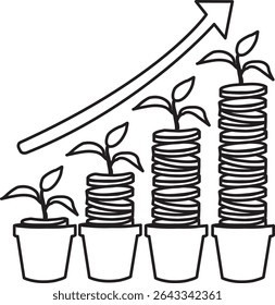 Outlined icon of 4 pots with rising coin stacks and small plants, symbolizing financial growth and success