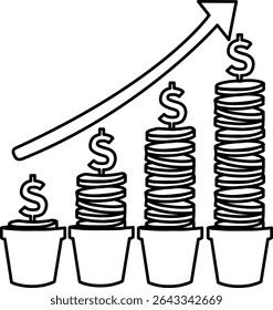 Umrissenes Symbol von 4 Töpfen mit aufsteigenden Münzstapeln, die mit Dollarzeichen überzogen sind und das finanzielle Wachstum symbolisieren