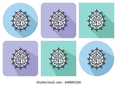 Outlined icon of  brain as central processing unit with parallel and not parallel long shadows. Artificial intelligence concept
