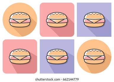 Outlined icon of cheeseburger with parallel and not parallel long shadows           