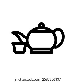 Outlined Icon of a Classic Teapot With a Cup Beside It