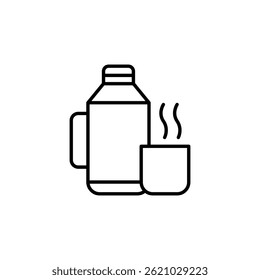 Outlined icon displaying insulated bottle accompanied by steaming cup
