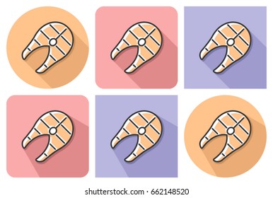 Outlined icon of grilled fish piece with parallel and not parallel long shadows      