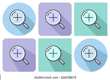 Outlined icon of  increase magnifying glass  with parallel and not parallel  long shadows