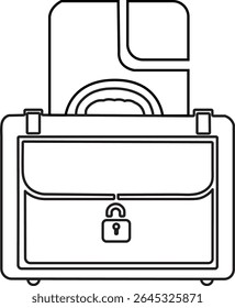 Ícone com estrutura de tópicos da pasta bloqueada com o documento atrás. Ideal para armazenamento seguro de documentos, arquivos legais ou privacidade no escritório