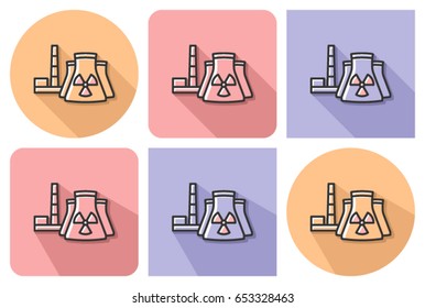 Outlined icon of nuclear power plant  with parallel and not parallel long shadows   