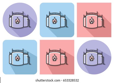Outlined icon of oil storage tank with parallel and not parallel long shadows   