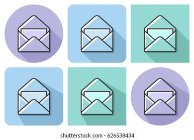 Outlined icon of open envelope and letter  with parallel and not parallel  long shadows 