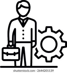 Outlined icon of a person with a briefcase next to a gear, symbolizing a self-employed individual managing their own business in a clean, minimal black line style.

