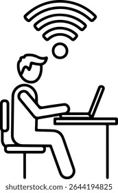 Ícone delineado de uma pessoa em uma mesa com um laptop e um símbolo de Wi-Fi acima, representando o trabalho remoto ou trabalhando em casa em um estilo de linha preta mínima e limpo.