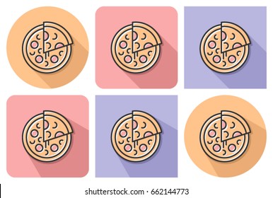 Outlined icon of pizza with parallel and not parallel long shadows      