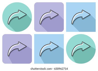 Outlined icon of right curved arrow  with parallel and not parallel  long shadows 