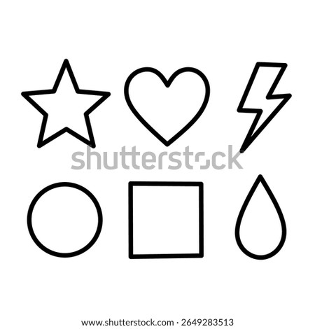 Outlined icon set with basic shapes including star, heart, lightning bolt, circle, square, and drop. Clean, minimal, and ideal for modern interfaces or line art