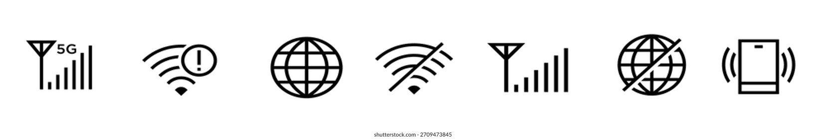 Conjunto de ícones com estrutura de tópicos do indicador de sinal do telefone celular. Adequado para elemento de design de aplicativo de smartphone, conexão com a Internet e informações de símbolo de sinal de rede