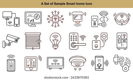 Outlined icon set depicts a smart residence with a security system, smart light bulbs, sensors, and digital appliances, showcasing automation and convenience. - Powered by Shutterstock - Get 15% off with code: PIKWIZARD15