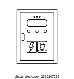 Icono delineado y símbolo de la caja del panel eléctrico con el signo de seguridad del peligro y en la fotografía de la persona del Recargo.