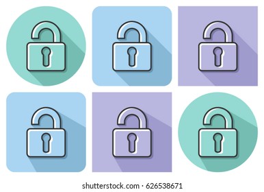 Outlined icon of unlocked padlock  with parallel and not parallel  long shadows