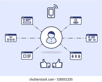 Outlined icons. Grid web sites, social networking, thumbs up, telephone. Set vector illustrations.