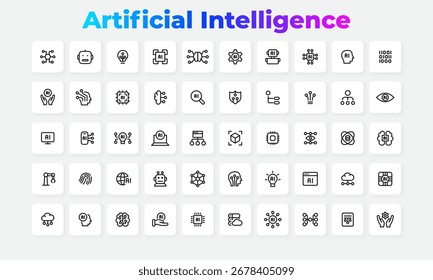 Umrissene Symbole, die künstliche Intelligenz und Technologiekonzepte veranschaulichen und Fortschritte in der KI und im maschinellen Lernen symbolisieren, sauber in einem minimalistischen Layout angeordnet