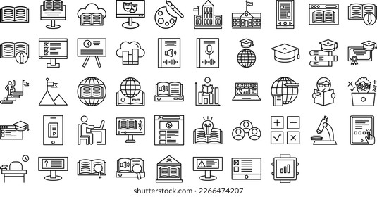 Outlined icons for online education, featuring e-learning, online courses, video lectures, and more. Suitable for various education-related projects.