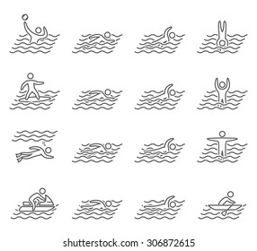 Outlined icons swimming. Linear set of figures swimmers. Surfing and diving symbols