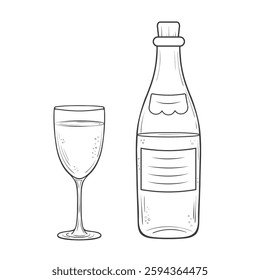 Outlined illustration of a bottle and a flute glass. Hand drawn ink bottle of sparkling wine or champagne and a glass filled with a bubbly beverage